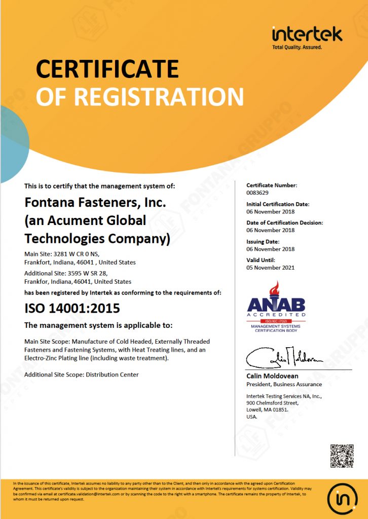 ISO 14001 Fontana Fasteners, Inc. GruppoFontana